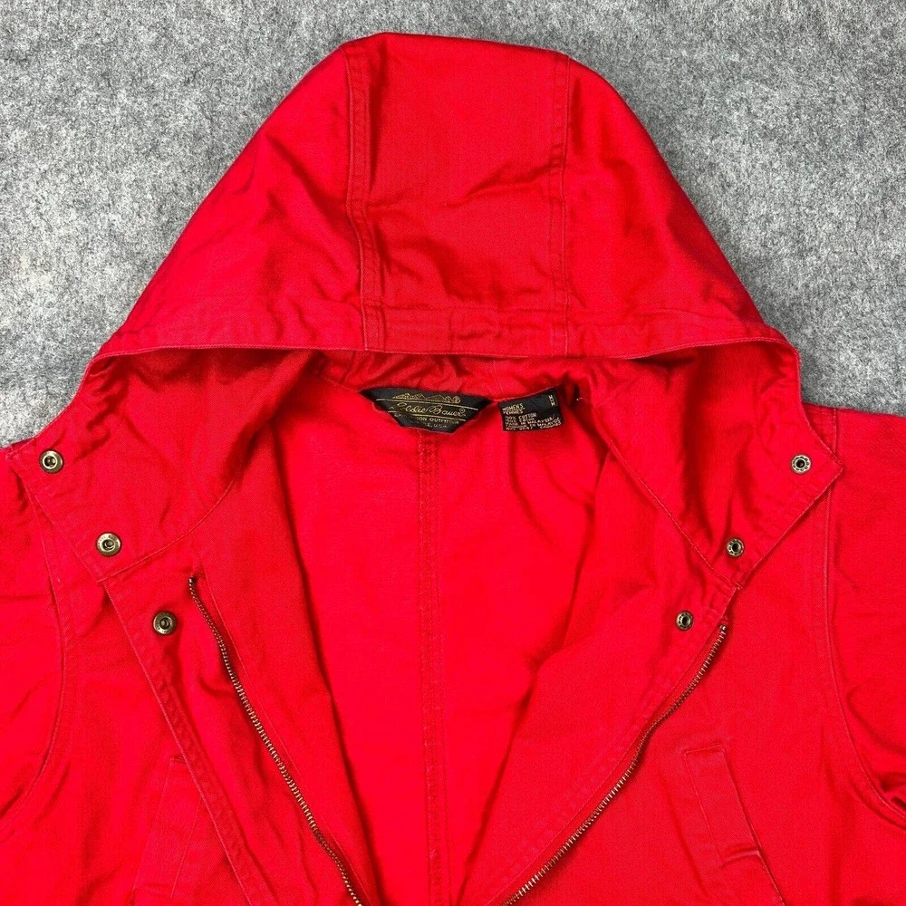 VTG Eddie Bauer Jacket Womens Medium Red Hooded Zip Snap Cotton Outdoors Pockets